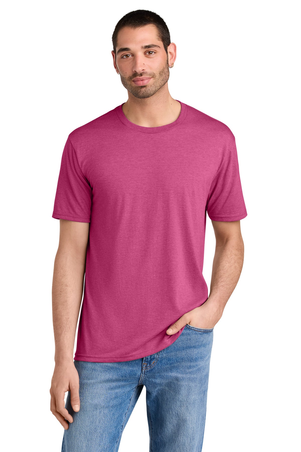 Real product photo of District Perfect Tri Tee, shown in Fuchsia Frost